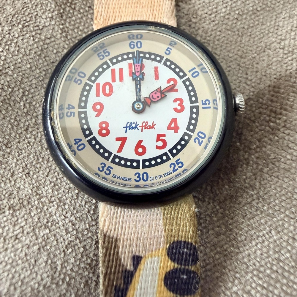 VTG Flik Flak Kids Watch Boys White Dial Car Print Fabric Swiss Quartz Analog